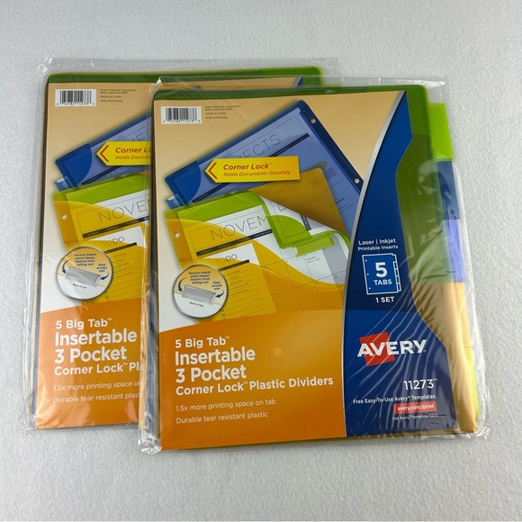 Avery 5 Big Tab Insertable 3 Pocket Corner Lock Plastic Dividers 11273 Lot of 2 - Picture 1 of 11